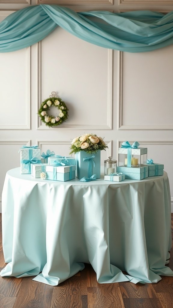29 Creative Something Blue Bridal Shower Ideas to Inspire You Aqua themed gift table display for a bridal shower with wrapped gifts, flowers, and candles.