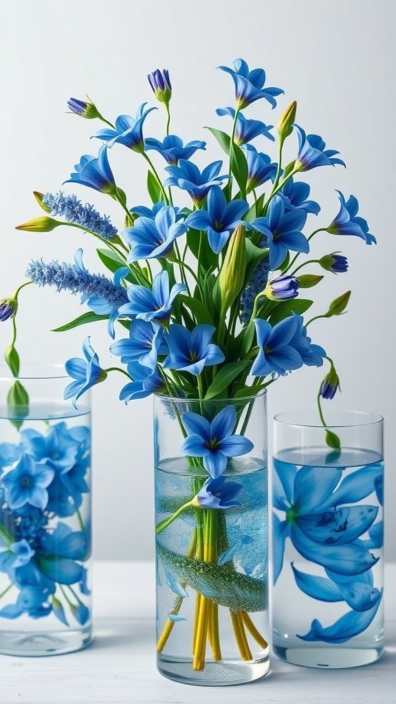 29 Creative Something Blue Bridal Shower Ideas to Inspire You Aquatic flower arrangements featuring blue flowers in clear vases with water