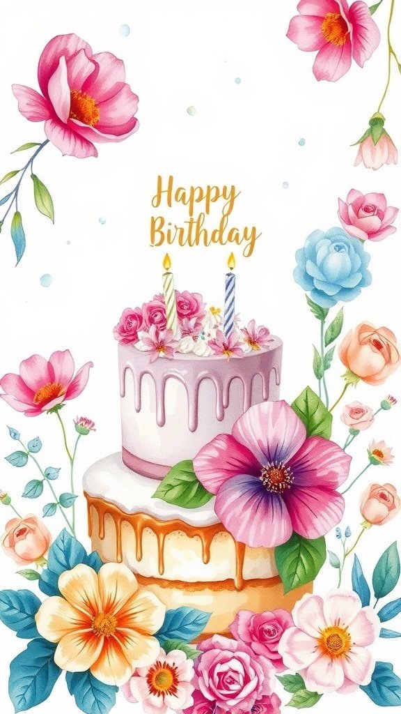 50 Fun and Creative Birthday Phone Wallpapers You’ll Love A beautiful watercolor illustration of a birthday cake surrounded by flowers, with the text 'Happy Birthday'.