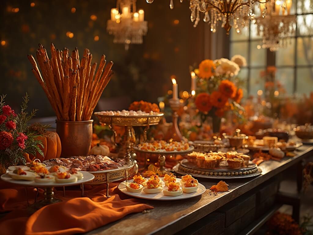 Cozy & Creative fall baby shower food ideas A rustic and elegant autumn grazing table, featuring pretzel broomsticks in copper vessels, pumpkin-shaped deviled eggs on marble platters, and a crostini bar. The dark wooden table has a burnt orange runner, autumn leaves, and fairy lights, with multiple levels from crates and platforms. Includes cranberry goat cheese and caramelized onion crostinis, bacon-wrapped figs on copper trays, surrounded by sage and copper-toned florals, under warm lighting from chandeliers and candelabras. 8K ultra HD, golden hour lighting.