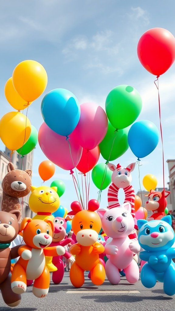 50 Fun and Creative Birthday Phone Wallpapers You’ll Love A parade of balloon animals with colorful balloons against a blue sky