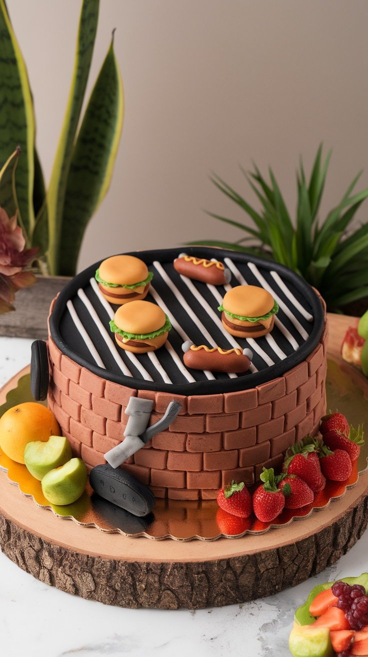 15 Unique Birthday Cakes for Men A barbecue themed cake designed to look like a grill, complete with fondant burgers and hotdogs.