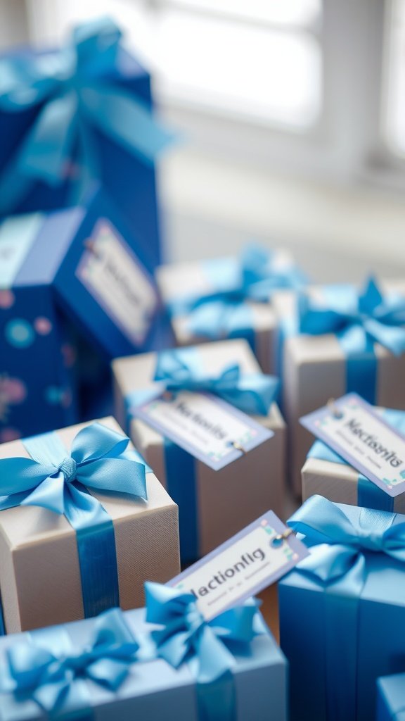 29 Creative Something Blue Bridal Shower Ideas to Inspire You Beautifully wrapped blue-themed party favors for a bridal shower, featuring various shades of blue boxes and ribbons.