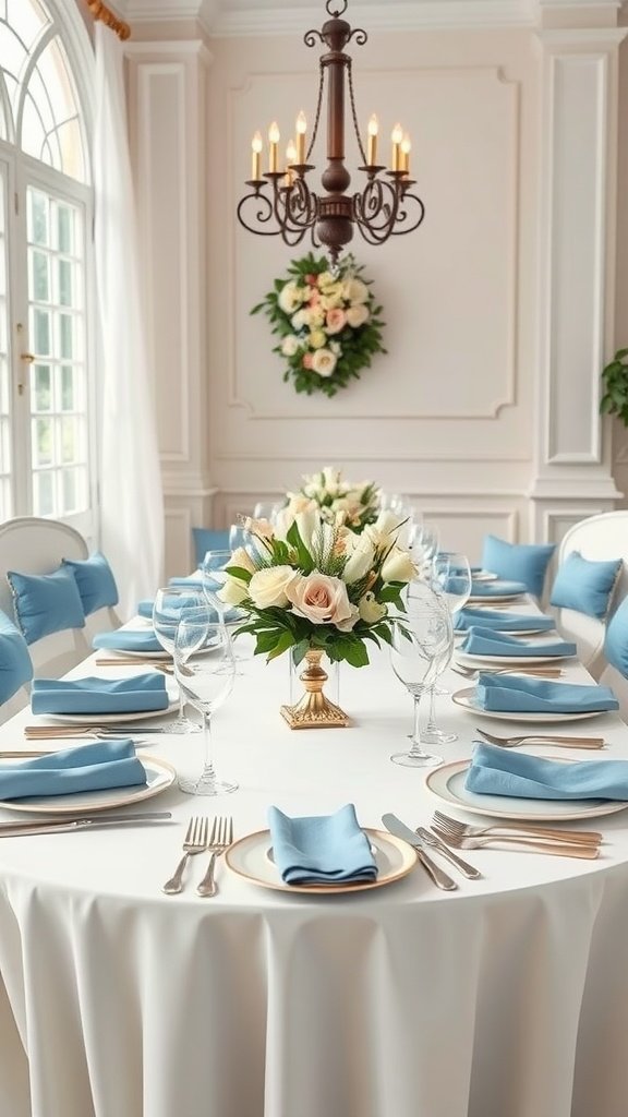 29 Creative Something Blue Bridal Shower Ideas to Inspire You Elegant table setting with blue and white linens, featuring a floral centerpiece.