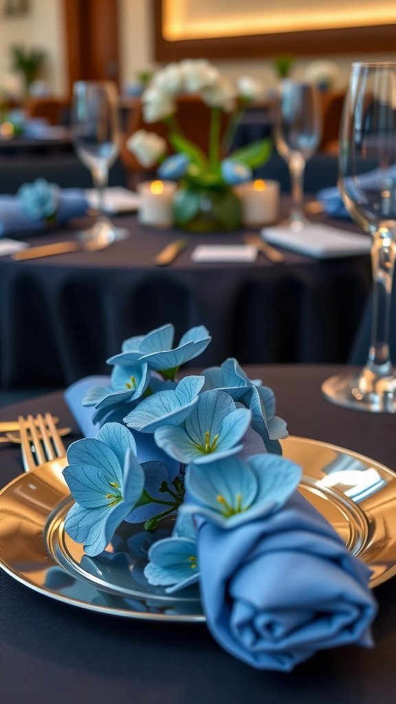29 Creative Something Blue Bridal Shower Ideas to Inspire You Blue floral napkin rings on a table setting with elegant dinnerware