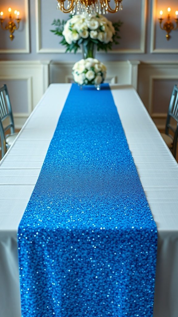 29 Creative Something Blue Bridal Shower Ideas to Inspire You A blue glitter table runner on a table with white tablecloth and floral arrangements.