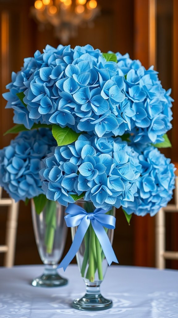 29 Creative Something Blue Bridal Shower Ideas to Inspire You Vase filled with blue hydrangeas decorated with a blue ribbon