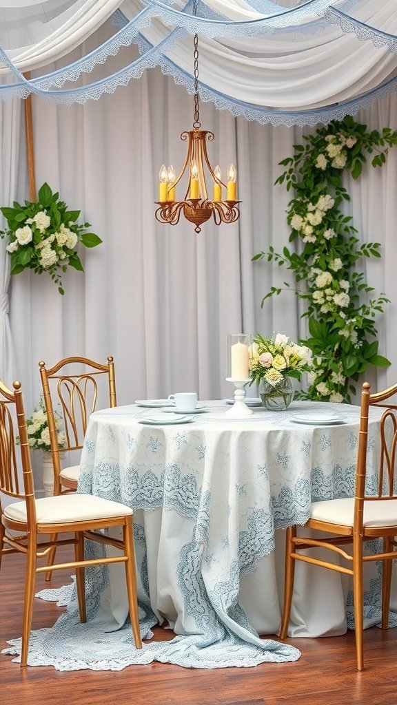 29 Creative Something Blue Bridal Shower Ideas to Inspire You A beautifully set table with a blue lace tablecloth, elegant chairs, and a chandelier, perfect for a bridal shower.