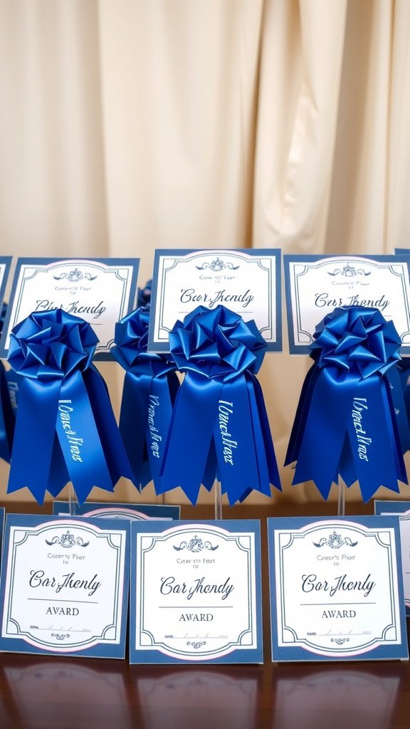 29 Creative Something Blue Bridal Shower Ideas to Inspire You Blue ribbon awards displayed on a table