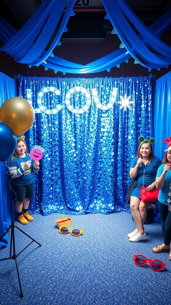 29 Creative Something Blue Bridal Shower Ideas to Inspire You A blue sparkle photo booth with guests posing and colorful props