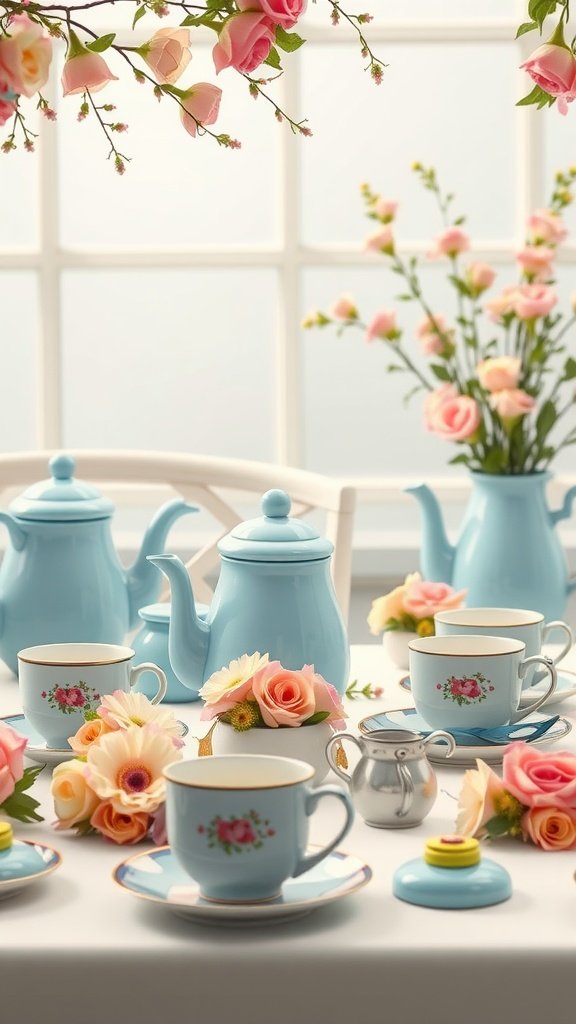 29 Creative Something Blue Bridal Shower Ideas to Inspire You A beautifully arranged tea party table with blue teapots and floral decorations.