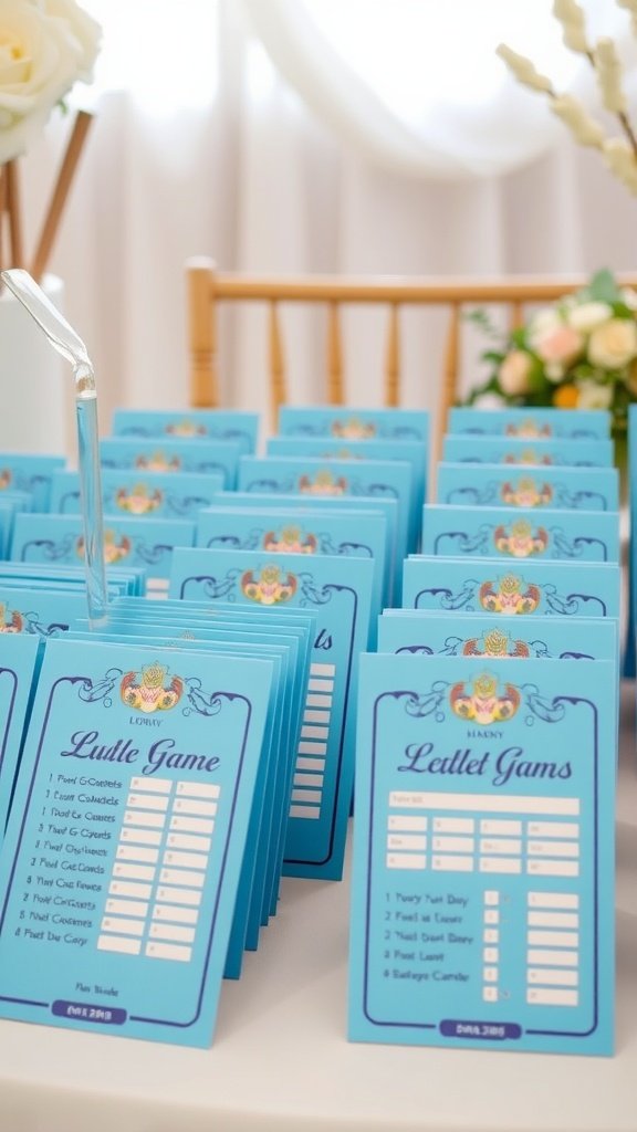 29 Creative Something Blue Bridal Shower Ideas to Inspire You Blue game cards for bridal shower games arranged on a table