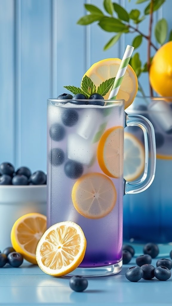 29 Creative Something Blue Bridal Shower Ideas to Inspire You A refreshing glass of blueberry lemonade garnished with lemon slices and blueberries, surrounded by blueberries on a blue background. something blue bridal shower ideas