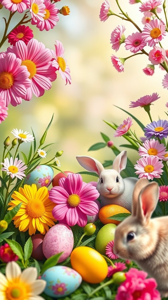 50 Cute Easter Wallpapers to Celebrate the Season Colorful Easter scene with flowers, eggs, and bunnies