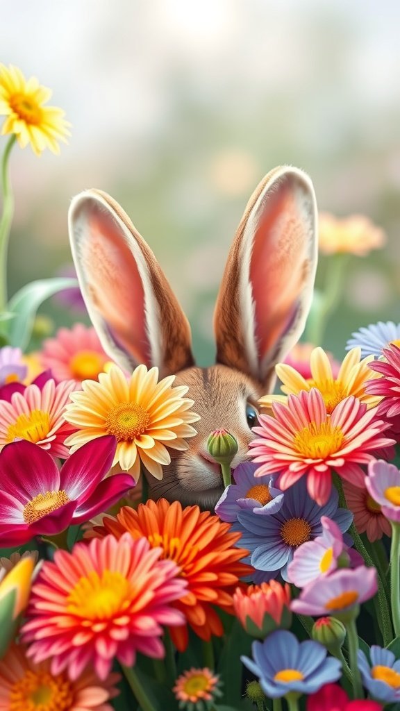 50 Cute Easter Wallpapers to Celebrate the Season A cute bunny with large ears surrounded by colorful flowers.