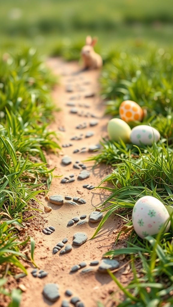 50 Cute Easter Wallpapers to Celebrate the Season A trail with bunny footprints in the grass, surrounded by colorful Easter eggs.