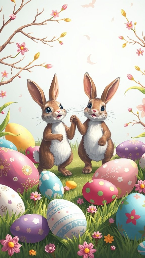50 Cute Easter Wallpapers to Celebrate the Season Two cute bunnies dancing among colorful Easter eggs and flowers.