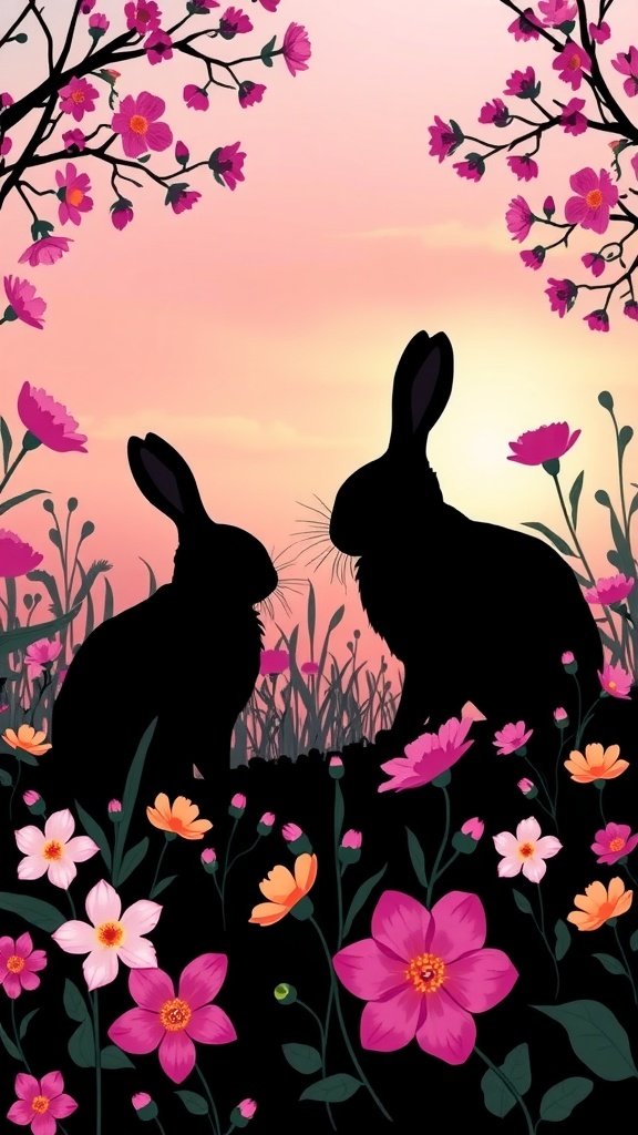50 Cute Easter Wallpapers to Celebrate the Season Silhouettes of bunnies surrounded by colorful flowers against a pastel sky