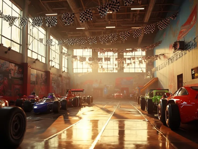 Ultimate Car Birthday Party Ideas: Race Into Celebration! A photorealistic gymnasium interior transformed into a car-themed birthday party space with a racetrack mural, checkered banners, balloon garlands, life-sized race cars, a pit crew toolbox treat station, and vintage racing memorabilia in warm golden hour lighting.