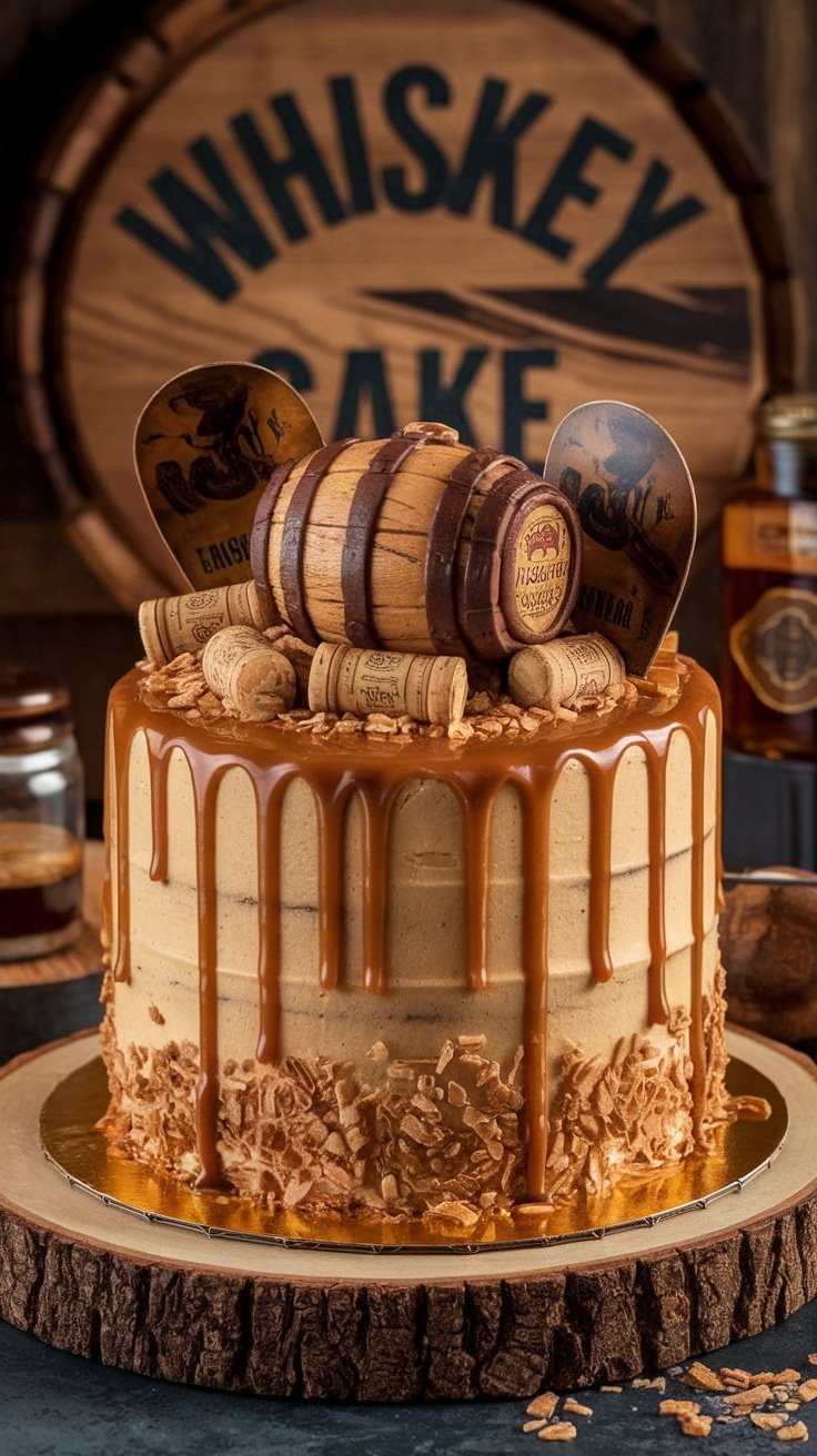 15 Unique Birthday Cakes for Men A delicious Caramel Whiskey Cake decorated with caramel drips and whiskey-themed decorations.