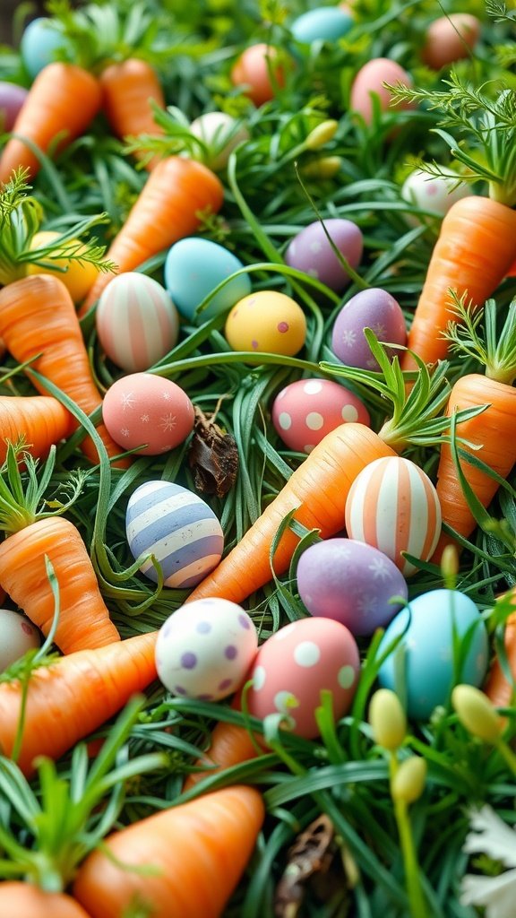 50 Cute Easter Wallpapers to Celebrate the Season A colorful display of carrots and decorated Easter eggs in green grass, embodying the spirit of Easter.