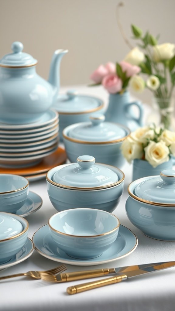 29 Creative Something Blue Bridal Shower Ideas to Inspire You A collection of light blue ceramic dishware with gold accents arranged on a table, including teapots, bowls, and plates, alongside fresh flowers.
