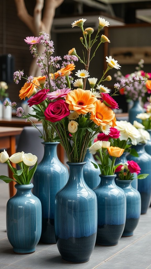 29 Creative Something Blue Bridal Shower Ideas to Inspire You A collection of ceramic blue vases filled with colorful flowers, perfect for a bridal shower.