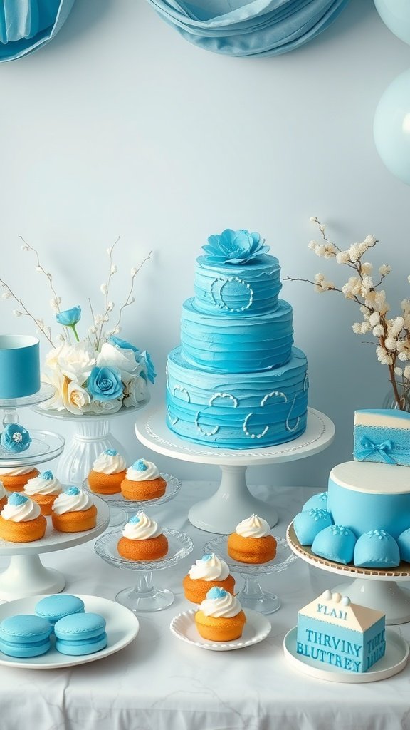 29 Creative Something Blue Bridal Shower Ideas to Inspire You A beautifully arranged cerulean dessert table featuring a blue cake, cupcakes, macarons, and fresh flowers in blue shades.