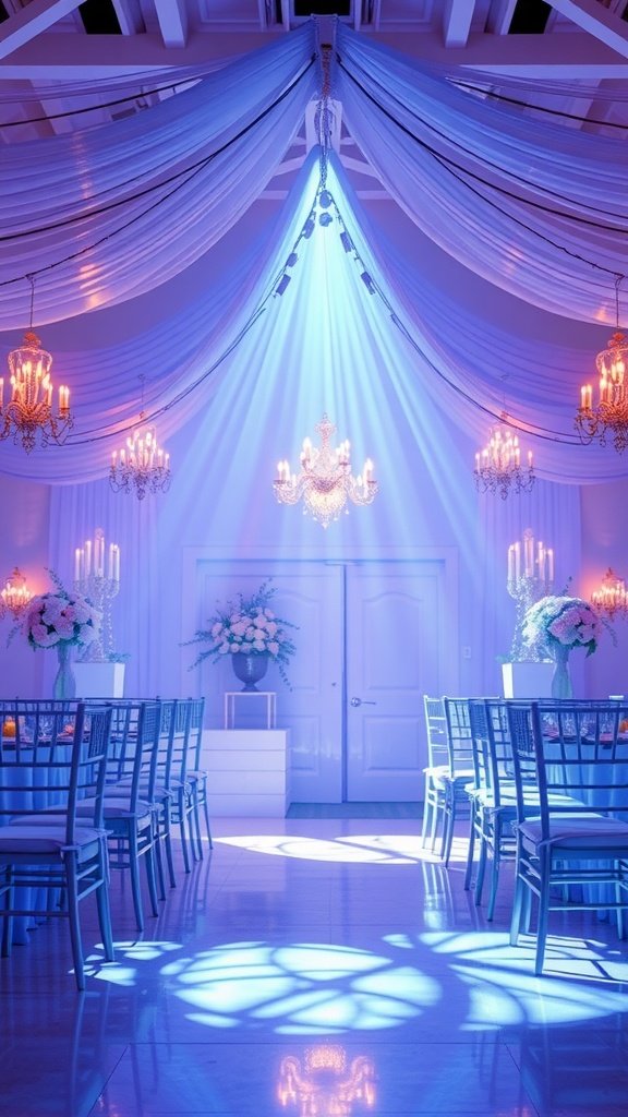 29 Creative Something Blue Bridal Shower Ideas to Inspire You Elegant bridal shower setup with blue lighting and decor.