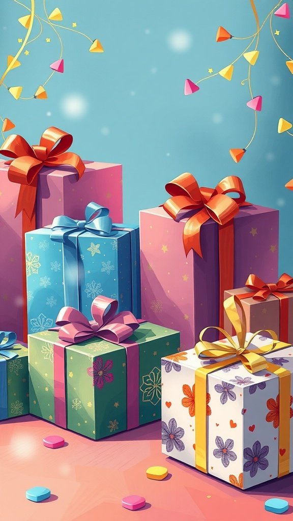 50 Fun and Creative Birthday Phone Wallpapers You’ll Love Colorful birthday gifts stacked with bows and decorations.