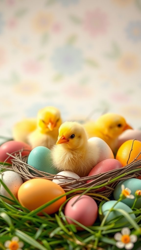 50 Cute Easter Wallpapers to Celebrate the Season Charming yellow chicks among colorful Easter eggs in a nest