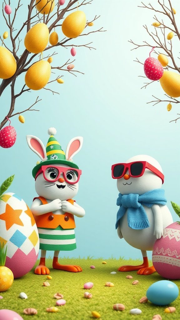 50 Cute Easter Wallpapers to Celebrate the Season A playful rabbit and a snowman dressed in colorful outfits, surrounded by decorated Easter eggs and trees.