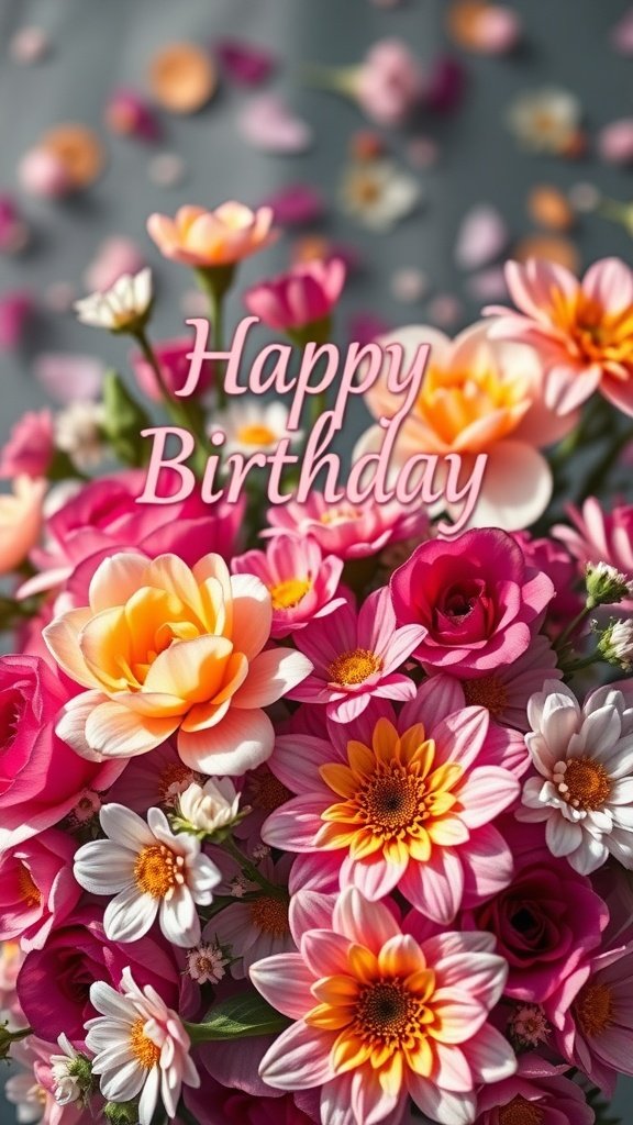 50 Fun and Creative Birthday Phone Wallpapers You’ll Love A colorful bouquet of flowers with the text 'Happy Birthday' prominently displayed.