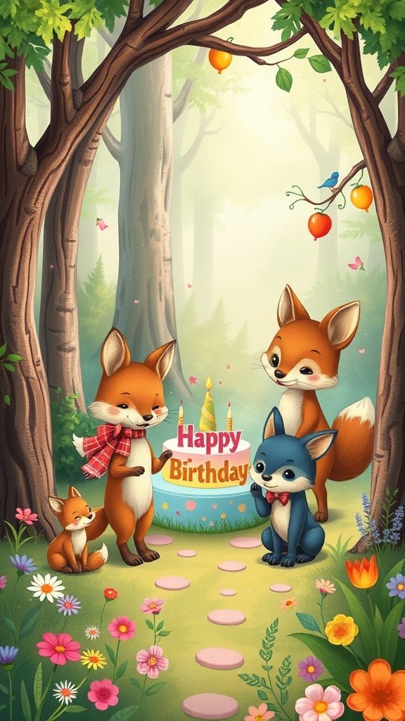 50 Fun and Creative Birthday Phone Wallpapers You’ll Love Woodland creatures celebrating a birthday with a cake in a forest setting. birthday phone wallpaper