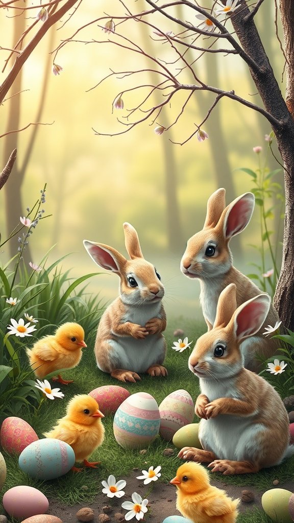 50 Cute Easter Wallpapers to Celebrate the Season A charming woodland scene with bunnies, chicks, and decorated Easter eggs in a sunny forest.