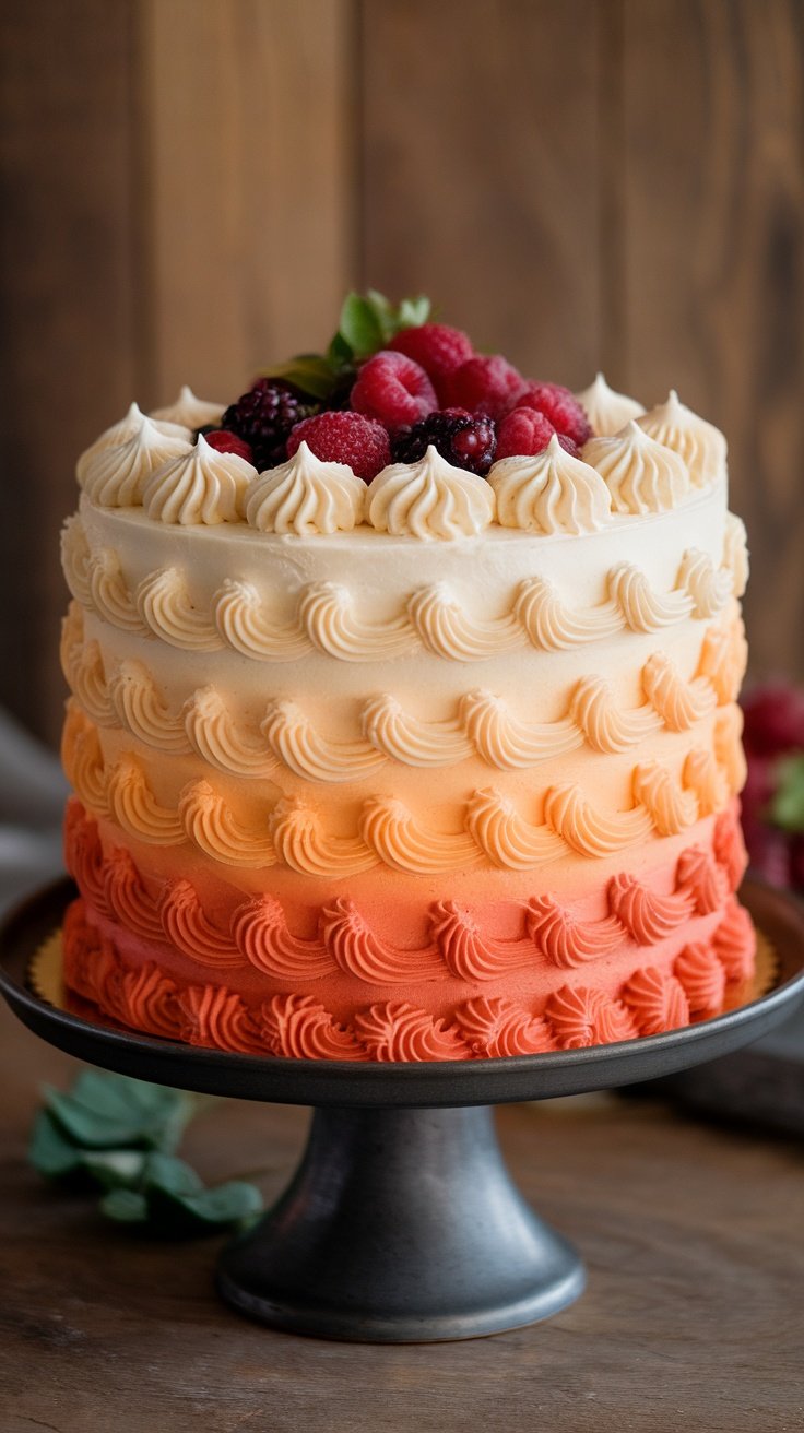 15 Stunning Birthday Cakes for Women A beautifully decorated ombre buttercream cake with layers of color and topped with fresh berries. birthday cakes for women