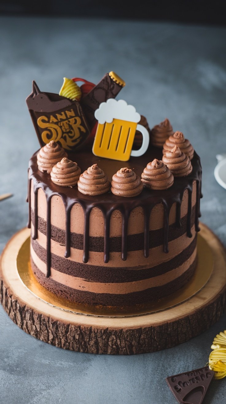 15 Unique Birthday Cakes for Men Chocolate stout layer cake decorated with chocolate frosting and beer-themed decorations.