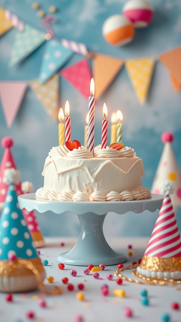 50 Fun and Creative Birthday Phone Wallpapers You’ll Love A beautifully decorated birthday cake with candles surrounded by colorful party hats and festive decorations. birthday phone wallpaper