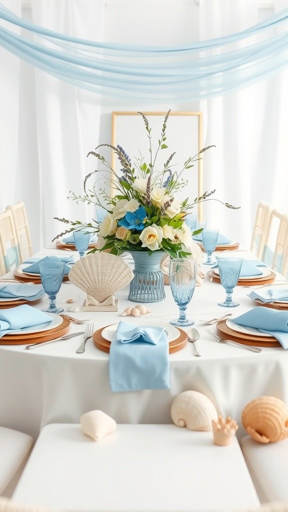 29 Creative Something Blue Bridal Shower Ideas to Inspire You A beautifully decorated bridal shower table with coastal-inspired decor, featuring blue accents and floral arrangements.