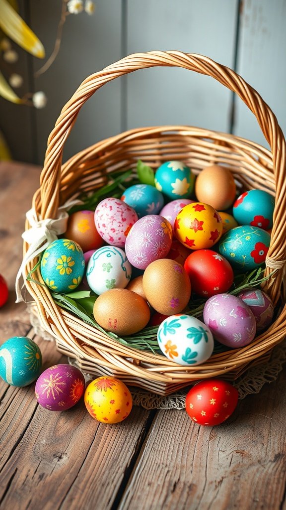 50 Cute Easter Wallpapers to Celebrate the Season A colorful basket filled with decorated Easter eggs on a wooden surface.