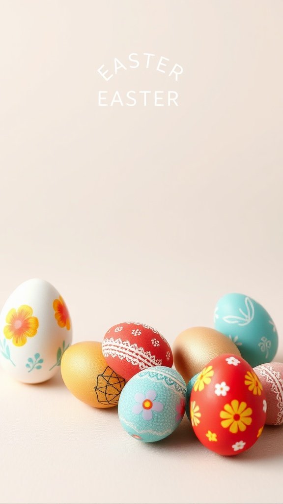 50 Cute Easter Wallpapers to Celebrate the Season Colorful Easter eggs with floral and geometric designs on a soft background.