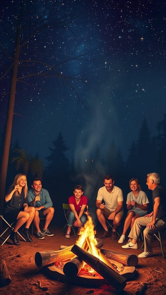 50 Fun and Creative Birthday Phone Wallpapers You’ll Love Group of friends gathered around a campfire under a starry sky