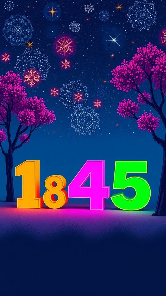 50 Fun and Creative Birthday Phone Wallpapers You’ll Love Colorful birthday phone wallpaper featuring the numbers 1845 against a starry night background with trees.