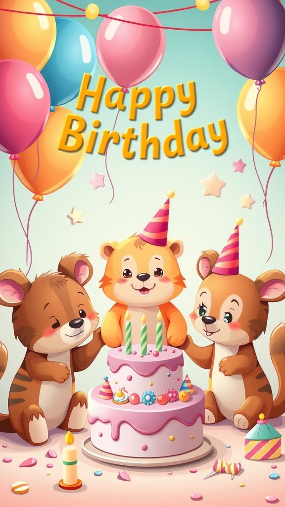 50 Fun and Creative Birthday Phone Wallpapers You’ll Love Cute animals celebrating a birthday with a cake and balloons