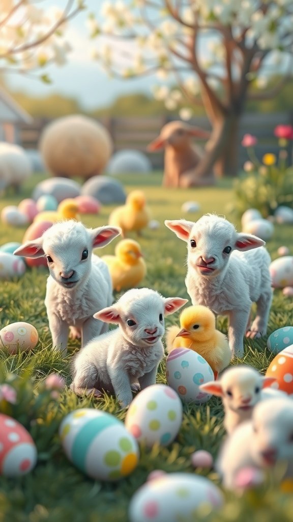 50 Cute Easter Wallpapers to Celebrate the Season A scene with cute baby lambs and a chick surrounded by colorful Easter eggs in a sunny farm setting.