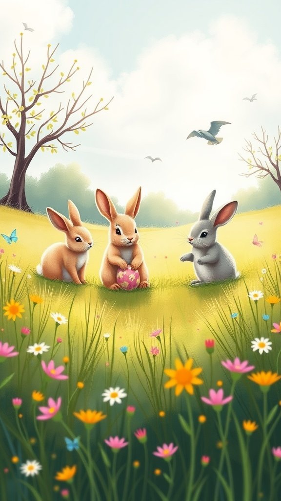 50 Cute Easter Wallpapers to Celebrate the Season Illustration of three cute bunnies in a flower-filled meadow during Easter
