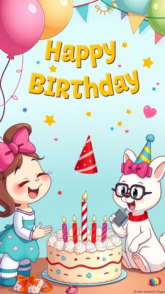 50 Fun and Creative Birthday Phone Wallpapers You’ll Love A cute cartoon design featuring a girl and a cat celebrating a birthday with cake and balloons.