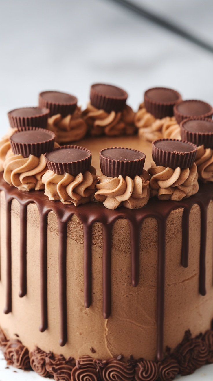 15 Stunning Birthday Cakes for Women A beautifully frosted peanut butter cup cake with mini peanut butter cups on top.