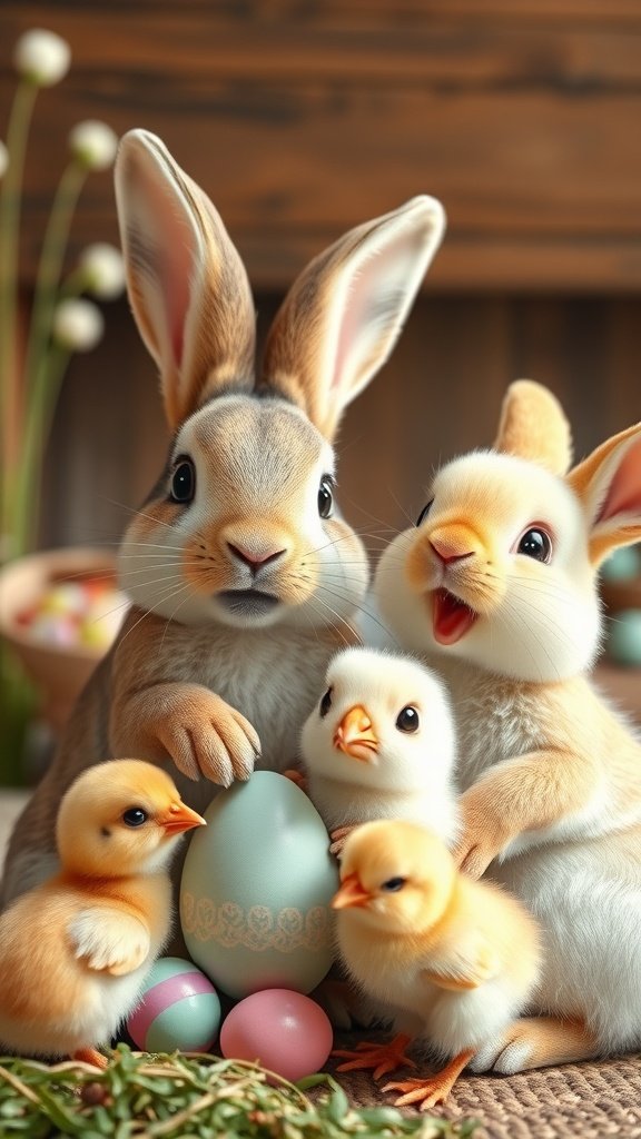 50 Cute Easter Wallpapers to Celebrate the Season A pair of bunnies with chicks around colorful Easter eggs