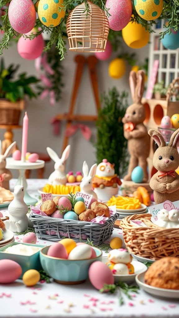 50 Cute Easter Wallpapers to Celebrate the Season A colorful Easter celebration setup with decorated eggs, bunny figurines, and festive treats.